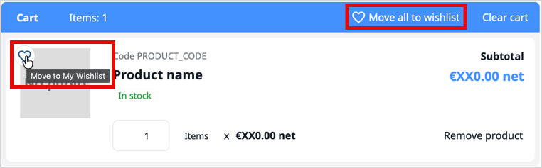 Cart's product list with highlights on "Move to My Wishlist" and "Move all to wishlist" buttons